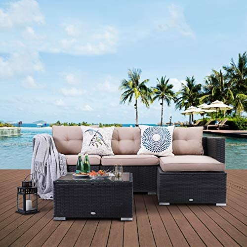 PHI VILLA Outdoor Sectional Rattan Sofa - Wicker Patio Furniture Set (Beige)