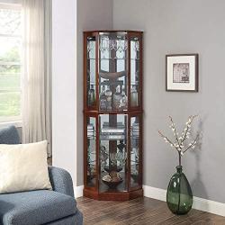 BELLEZE Ashfield Lighted Wood/Glass Curio Corner Cabinet Floor Standing, Walnut