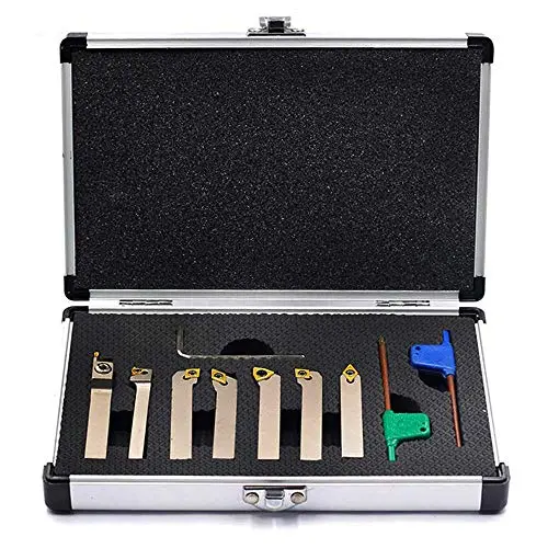 OSCARBIDE 1/4'' Indexable Carbide Lathe Turning Tool Holder 7 Pieces/Set, Nickel Plated Lathe Bit Set CNC Heavy-Duty for Turning Grooving Threading Cut Off Holders Set,Tin Coated Carbide Inserts
