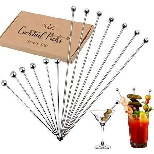 Cocktail Martini Picks and Stirrers Toothpicks – (12 Pack / 4 & 8 Inch) Reusable Cocktail Picks - Stainless Steel Metal Drink Skewers Sticks for Martini Olives Appetizers Bloody Mary Fruits