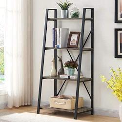 BON AUGURE Ladder Shelf 4 Tier Leaning Industrial Bookshelf, Rustic Wood Metal Ladder Bookcase, Standing Storage Book Shelves for Living Room (Dark Gray Oak)