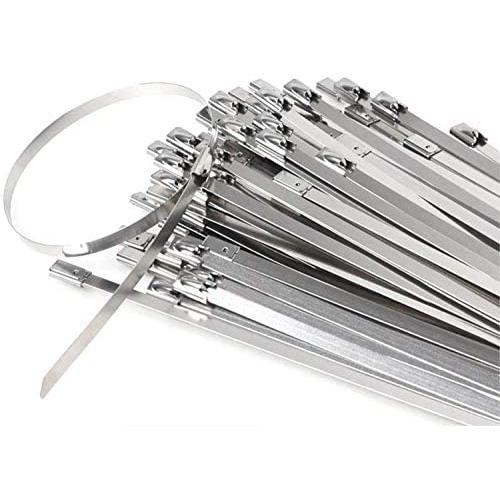 Stainless Steel Cable Ties, Tiberham 100 Pcs 7.9 Inches Heavy Duty Self-Locking Cable Zip Ties, Multi-Purpose Metal Exhaust Wrap Locking Ties for Home Office Garage Workshop