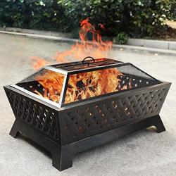 PHI VILLA Fire Pits Outdoor Wood Burning, 34'' x 26'' Rectangular Deep Bowl Large Patio Firepit with Spark Screen, Poker & Metal Grate