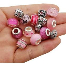 30pcs Assorted Pink European Beads Large Holes Spacer Beads Rhinestone Metal Charms Supplies for Bracelet Necklace Jewelry Making (M310)