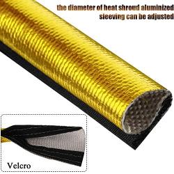 6.5 Feet Heat Shroud Aluminized Sleeving Heat Shield Protection Barrier Covers with 20 Pieces 0.5 Feet Stainless Steel Cable Metal Zip Ties (Gold, 3.3 x 78.7 Inch)