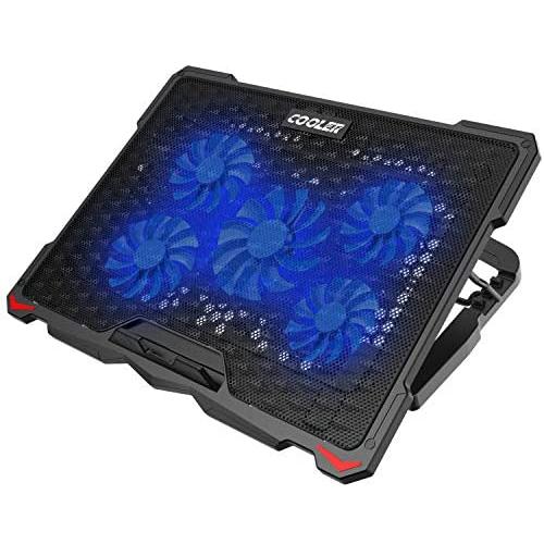 AICHESON Laptop Cooling Pad 5 Fans Up to 17.3 Inch Heavy Notebook Cooler, Blue LED Lights, 2 USB Ports, S035, Blue-5fans