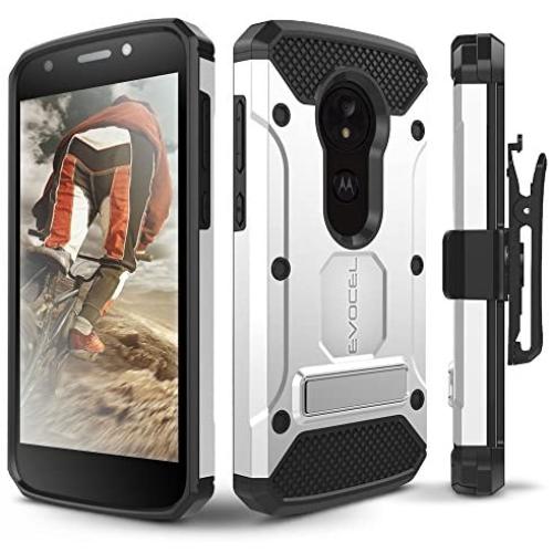 Evocel Moto E5 Play / E5 Cruise Case, [Explorer Series Pro] Premium Full Body Case with Glass Screen Protector, Belt Clip, Metal Kickstand for Motorola Moto E5 Cruise/Moto E5 Play, Silver