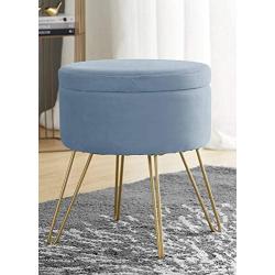 Ornavo Home Modern Round Velvet Storage Ottoman Foot Rest Stool/Seat with Gold Metal Legs & Tray Top Coffee Table - Dusty Blue