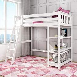 Max & Lily Solid Wood Twin-Size High Loft Bed with Bookcase, White