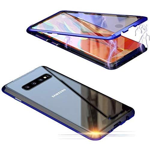 Compatible with Samsung Galaxy S10 (6.1 inch) Case, Jonwelsy 360 Degree Front and Back Transparent Tempered Glass Cover, Strong Magnetic Adsorption Technology Metal Bumper (Blue/Black)