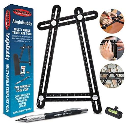 AngleBuddy Metal Template Tool w/Angle Measurement Goniometer | Includes 6-in-1 Multi Tool Pen, Bubble Level, and Carrying Case