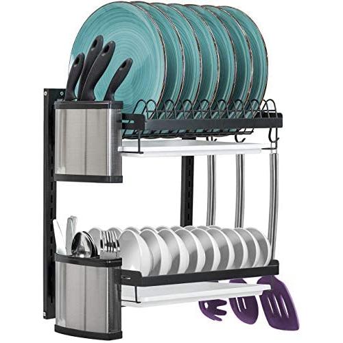 Sorbus Dish Drying Rack, 2-Tier Hanging Wall Mount Drying Organizer Storage Shelf Drainer for Dishes, Bowls, Utensils, Includes Drain Trays and 3 Hooks for Kitchen Sink, Metal (Black)