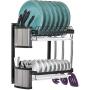 Sorbus Dish Drying Rack, 2-Tier Hanging Wall Mount Drying Organizer Storage Shelf Drainer for Dishes, Bowls, Utensils, Includes Drain Trays and 3 Hooks for Kitchen Sink, Metal (Black)