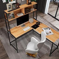 YOLENY 55 Inch L-Shaped Computer Desk with Hutch,Space-Saving Corner Desk with Storage Shelves,Home Office Desk Study Workstation for Home,Office