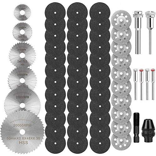 60-Pack Rotary Cutting Wheels Tool Kit - 545 Diamond Cutting Wheel, Mini HSS Circular Saw Blades, Resin Cut-Off Wheels with Keyless Chuck and Mandrels for Woodworking Metal Glass Plastic Stone