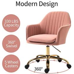 HOMHUM Modern Velvet Home Office Computer Desk Task Chair with Wheels, Mid-Back Adjustable Swivel with Arms Chair, Pink Vanity Chair with Gold Metal Base