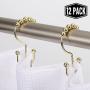 2lbDepot Double Shower Curtain Hooks Rings (Gold Decorative Finish) Premium Rust Resistant Stainless Steel Metal Hook, Brass Roller Balls Glide on Shower Rods, Set of 12