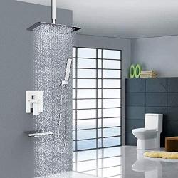 EMBATHER Shower System with Waterfall Tub Spout- Ceiling Shower Tub Faucet Set with 12 Inches Rain Showerhead and Handheld, Polished Chrome (Valve Included)