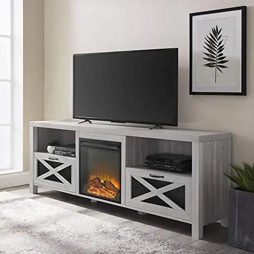 Walker Edison Calgary Industrial Farmhouse X-Drawer Metal Mesh and Wood Fireplace TV Stand for TVs up to 80 Inches, 70 Inch, Stone Grey Walker Edison Calgary Industrial Farmhouse X-Drawer Metal Mesh and Wood Fireplace TV Stand for TVs up to 80 Inches, 70 Inch, Stone Grey