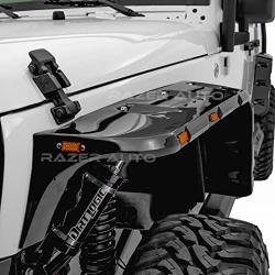 Razer Auto Rock Crawler Stubby Gloss Black Painted Pocket Style+Rivet Front+Rear 4pcs Fender Flares w/ 10x LED Light Side Maker (Black) for 07-17 Jeep Wrangler JK