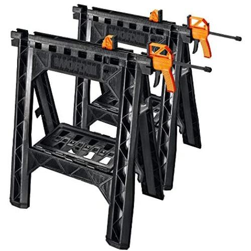 WORX Clamping Sawhorse Pair with Bar Clamps, Built-in Shelf and Cord Hooks – WX065