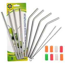 Kichwit Stainless Steel Smoothie Straws - Reusable Wide Metal Drinking Straws - 8 Pack with 2 Cleaning Brushes - 9 Inch Long, 5/16 Inch Wide