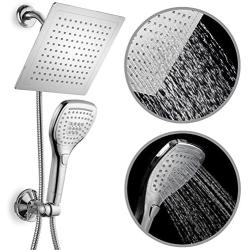 DreamSpa Ultra-Luxury 9'' Rainfall Shower Head/Handheld Combo. Convenient Push-Button Flow Control Button for easy one-handed operation. Switch flow settings with the same hand! Premium Chrome