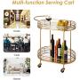 Glitzhome 30.71'' H Oval Gold Bar Cart with 4 Wheels 2-Tier Deluxe Tray Metal Mirrored Glass Top Rolling Serving Cart for Kitchen Living Room Hotel Wine/Tea Serving Cart