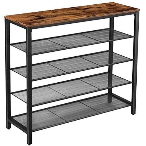 VASAGLE Shoe Rack, 5-Tier Shoe Storage Organizer with 4 Metal Mesh Shelves for 16-20 Pairs and Large Surface for Bags, for Entryway, Hallway, Closet, Industrial, Rustic Brown and Black ULBS15BX