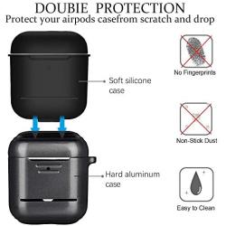 Airpods Case,Double Protection (Metal+Silicone)【Front LED Visible】 Ultra Lightweight Shockproof Dustproof Scratchproof Accessories with Anti-Lost Keychain for Airpods1&2 Charging (Black)