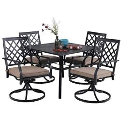 MFSTUDIO 5 Piece Black Metal Outdoor Patio Dining Furniture Set with 4 Swivel Chairs and 37'' Steel Frame Slat Larger Square Table with 1.57“ Umbrella Hole for Indoor and Outdoor, Black