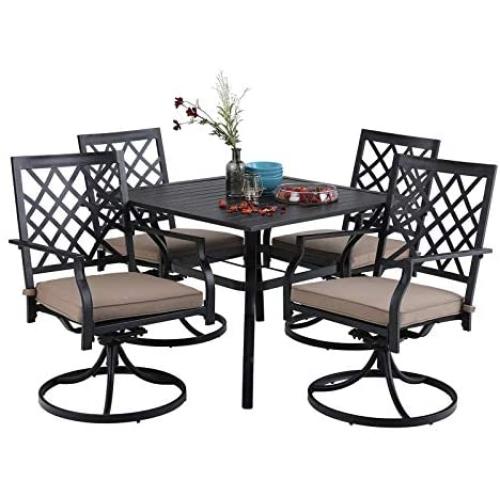 MFSTUDIO 5 Piece Black Metal Outdoor Patio Dining Furniture Set with 4 Swivel Chairs and 37'' Steel Frame Slat Larger Square Table with 1.57“ Umbrella Hole for Indoor and Outdoor, Black