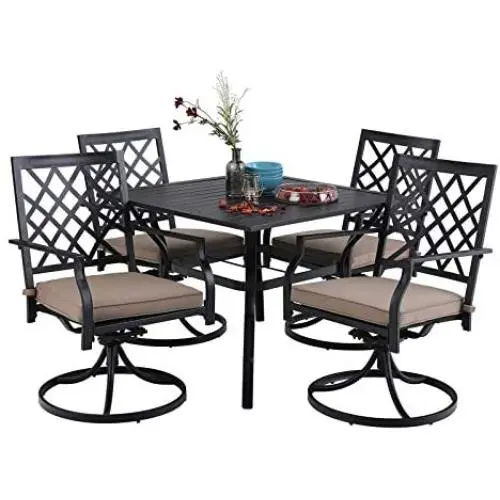 MFSTUDIO 5 Piece Black Metal Outdoor Patio Dining Furniture Set with 4 Swivel Chairs and 37'' Steel Frame Slat Larger Square Table with 1.57“ Umbrella Hole for Indoor and Outdoor, Black