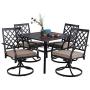 MFSTUDIO 5 Piece Black Metal Outdoor Patio Dining Furniture Set with 4 Swivel Chairs and 37'' Steel Frame Slat Larger Square Table with 1.57“ Umbrella Hole for Indoor and Outdoor, Black