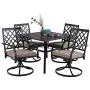 MFSTUDIO 5 Piece Black Metal Outdoor Patio Dining Furniture Set with 4 Swivel Chairs and 37'' Steel Frame Slat Larger Square Table with 1.57“ Umbrella Hole for Indoor and Outdoor, Black