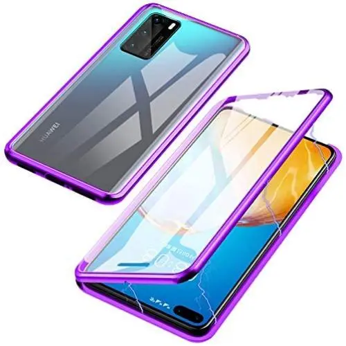 Jonwelsy Magnetic Adsorption Case for Huawei P40 Pro, 360 Degree Front and Back Clear Tempered Glass Flip Cover, Metal Bumper Frame for Huawei P40 Pro (Purple) Jonwelsy Magnetic Adsorption Case for Huawei P40 Pro, 360 Degree Front and Back Clear Tempered Glass Flip Cover, Metal Bumper Frame for Huawei P40 Pro (Purple)