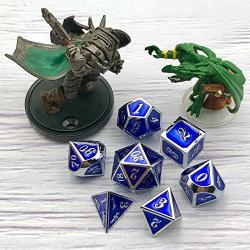 KCO DND Metal Dice Set Enamel dice 7 Pieces Metal Dice Set DND Dice Role Playing Game Dice Set with Storage Bag for RPG Dungeons and Dragons D&D Math Teaching (Dark Blue Silver)