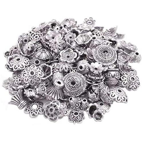 160-210pcs Bali Style Jewelry Making Metal Bead Caps Deluxe New Mix, 100 Gram,Tibetan Silver