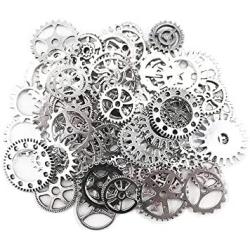 Yueton 100 Gram (Approx 70pcs) Antique Steampunk Gears Charms Clock Watch Wheel Gear for Crafting (Silver)