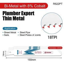 EZARC Reciprocating Saw Blade Bi-Metal Cobalt Sabre Saw Blades for Thin Metal Cutting 6-Inch 18TPI R622PT (5-Pack)