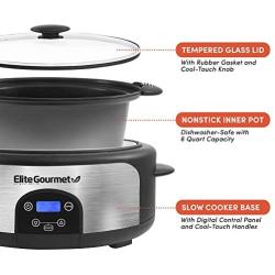 Elite Gourmet Glas Slow Cooker with Adjustable Temp, Entrees, Sauces, Stews & Dips, Dishwasher Safe Glass Lid & Crock, 6 Quart, Stainless Steel