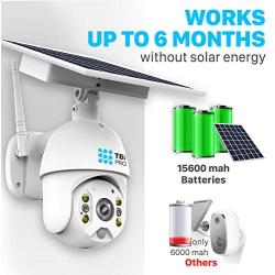 TBI Pro Solar Security Camera Outdoor Wireless PTZ - WiFi Home Security Camera System IP - Rechargeable Battery Powered 15600mah HD True Colors Night Vision 2-Ways Audio for 128GB SD Motion Detection