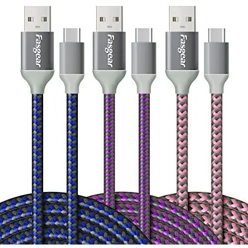 USB to USB C Cable 10ft, Fasgear 3 Pack Long Type C Cable Nylon Braided Fast Charging Compatible with Galaxy Note 8 9 S8/S9/S10/S10+, LG V20/G6 and More (Blue/Purple/Pink) USB to USB C Cable 10ft, Fasgear 3 Pack Long Type C Cable Nylon Braided Fast Charging Compatible with Galaxy Note 8 9 S8/S9/S10/S10+, LG V20/G6 and More (Blue/Purple/Pink)