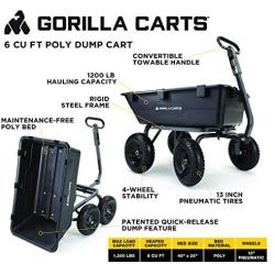 Gorilla Carts Heavy-Duty Poly Yard Dump Cart | 2-In-1 Convertible Handle, 1200 lbs capacity | GOR6PS model