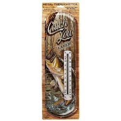 Country Side 17” x 5” Tin Metal Thermometer, Catch You Later - Non Mercury Vertical Temperature Monitor with Accurate Fahrenheit and Celsius Readings - Bass and Fishing Bait Boat House Wall Decor