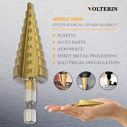 Volterin Titanium Step Drill Bit Set Multiple Hole step drill bit 3-Piece Set | Total 24 Sizes | 3-12mm/4-12mm/ 4-20mm, High Speed Steel Drill Bits Set with Double Cutting Blades multiple hole sizes step drill bit set