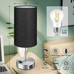 Black Touch Control Table Lamp Set of 2, with 2 USB Charging Ports&AC Outlet, 3-Way Dimmable Bedside Nightstand Lamps with Fabric Lampshade for Reading, Bedroom, Living Room, A19 LED Bulbs Included