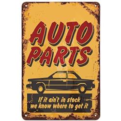 AOYEGO Auto Parts Tin Sign,Car and Lettering On Yellow Background Vintage Metal Tin Signs for Cafes Bars Pubs Shop Wall Decorative Funny Retro Signs for Men Women 8x12 Inch