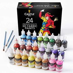 Castle Art Supplies 24 3D Fabric Paints Set for Children Adults Artists | Perfect for Clothing Canvas Glass Wood Metal | 29ml Bottles, Includes 3 Brushes | Non Toxic and Safe for Children