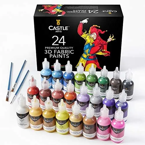 Castle Art Supplies 24 3D Fabric Paints Set for Children Adults Artists | Perfect for Clothing Canvas Glass Wood Metal | 29ml Bottles, Includes 3 Brushes | Non Toxic and Safe for Children Castle Art Supplies 24 3D Fabric Paints Set for Children Adults Artists | Perfect for Clothing Canvas Glass Wood Metal | 29ml Bottles, Includes 3 Brushes | Non Toxic and Safe for Children